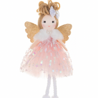 Pink and Gold Angel Ornament with Jeweled Fur Neckline