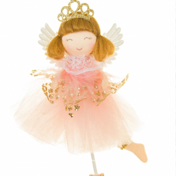 Smiling Hanging Pink Ballerina Girl Ornament with Crown and Wings