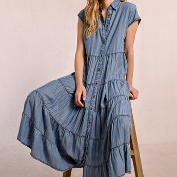 Denim Long Ruffled Dress
