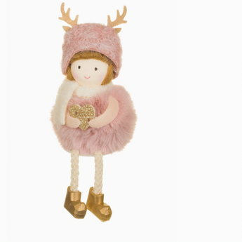 Pink Fluffy Sitting Girl with Reindeer Hat